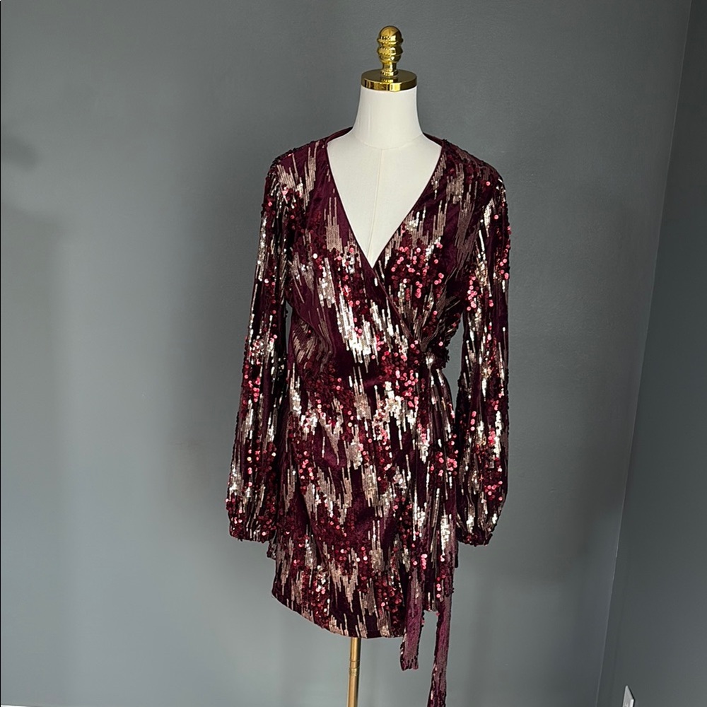 Lena Elegant Burgundy Sequin Wrap Dress - Picture 3 of 8